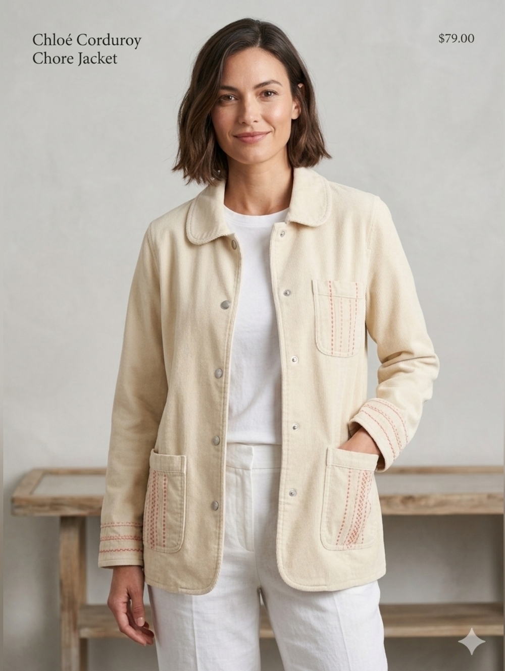 DENIM & CO. Women's Cream Jacket with Pink Accents Size M New No Tag.